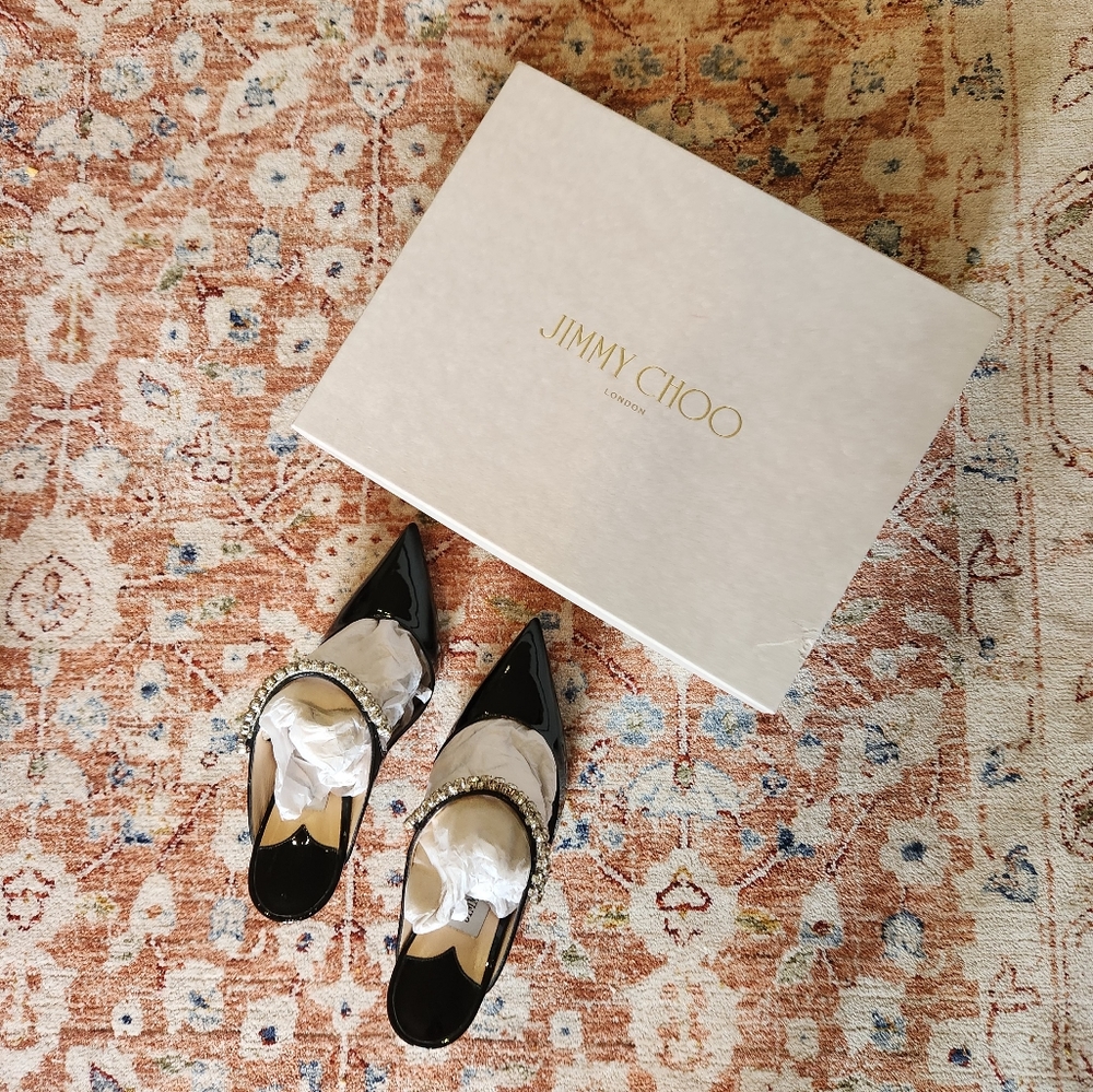 Bing 100 Black Patent Leather Mules with Crystal Strap- Box included!